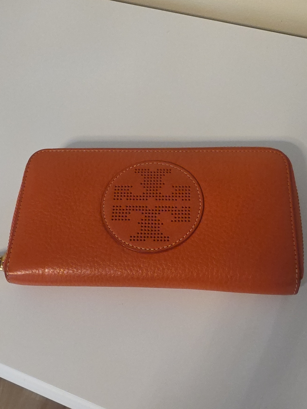 Tory Burch Orange Leather Zip Wallet with Logo Detail